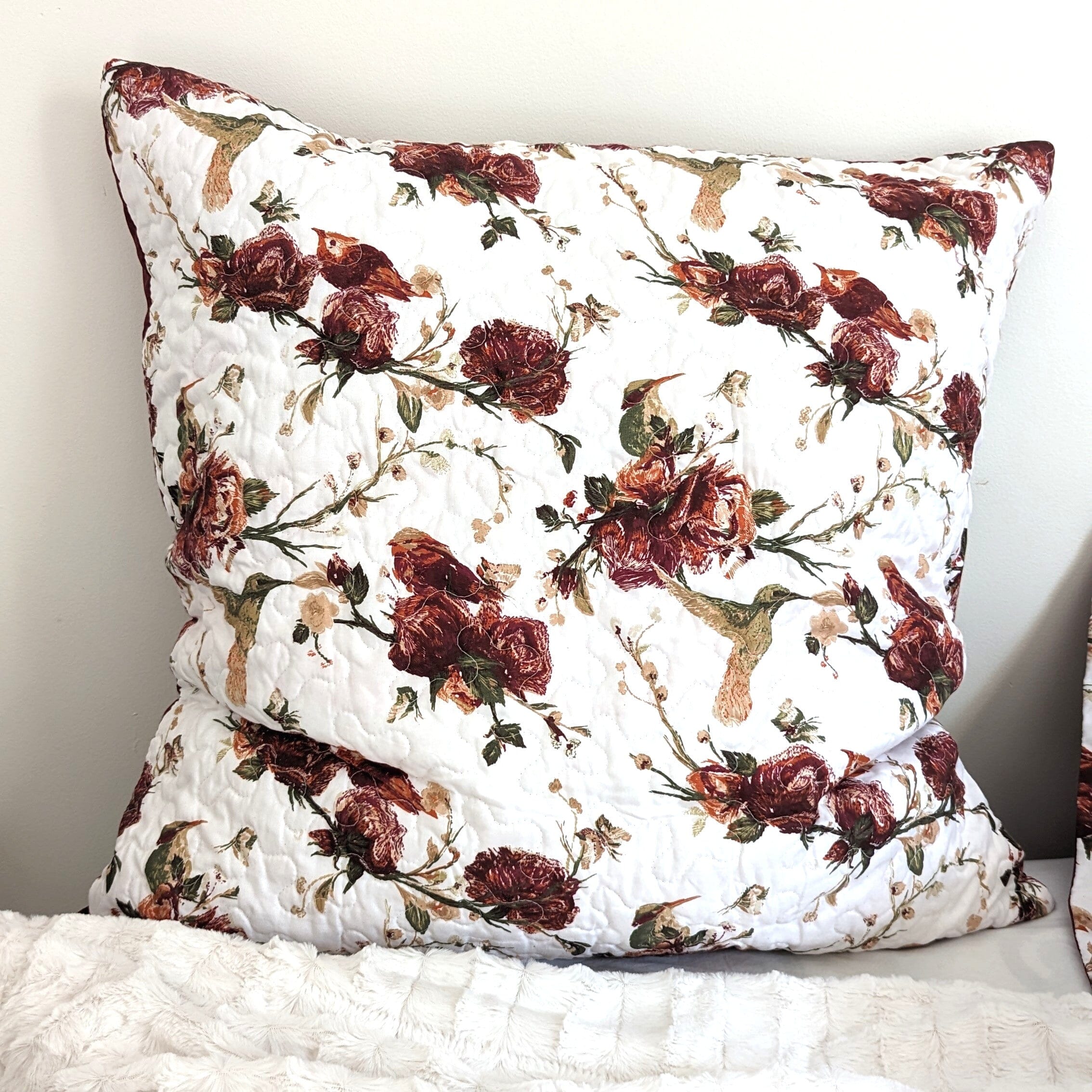 Floral Hummingbirds Burgundy White Vintage Rose Garden Cushion Covers / Euro Sham