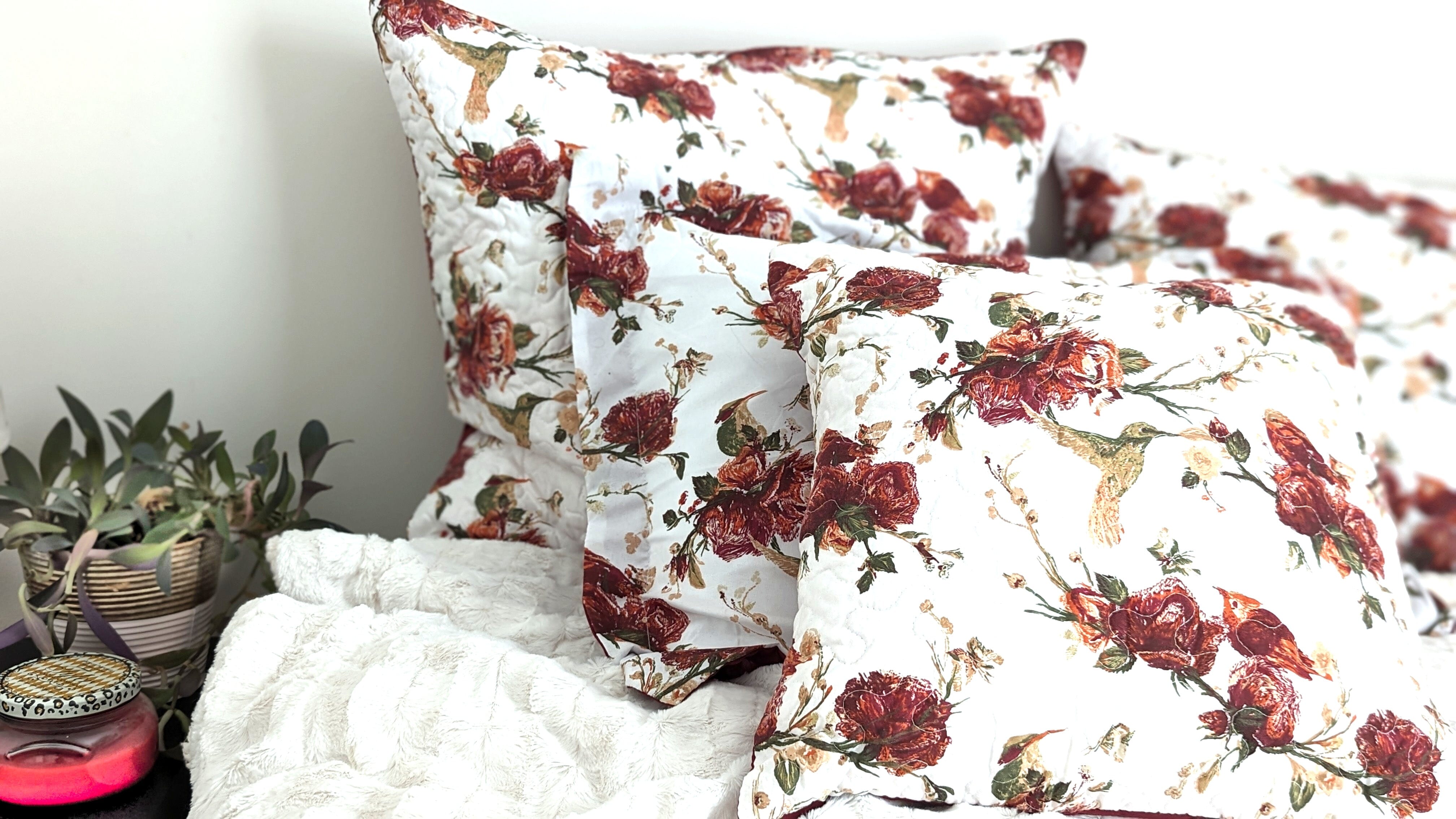 Floral Hummingbirds Burgundy White Vintage Rose Garden Cushion Covers / Euro Sham