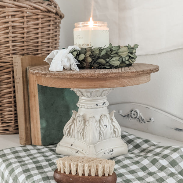 Distressed Wooden Cake Stand with Architectural Base