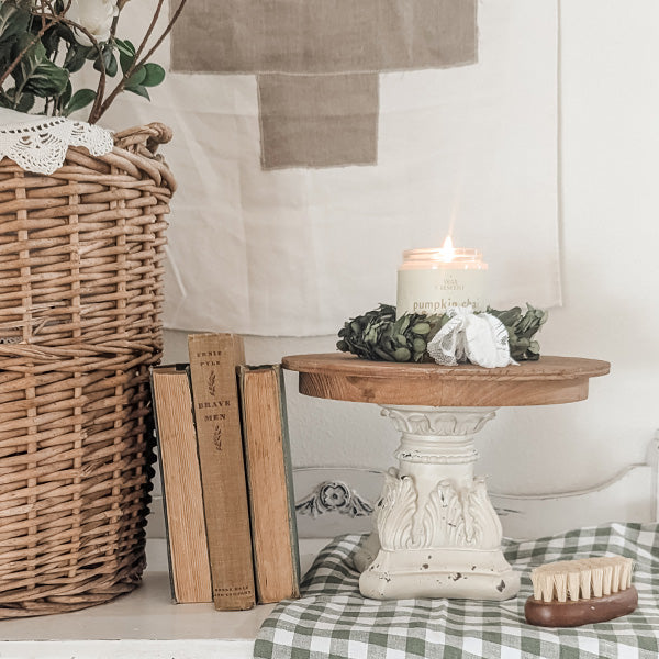 Distressed Wooden Cake Stand with Architectural Base