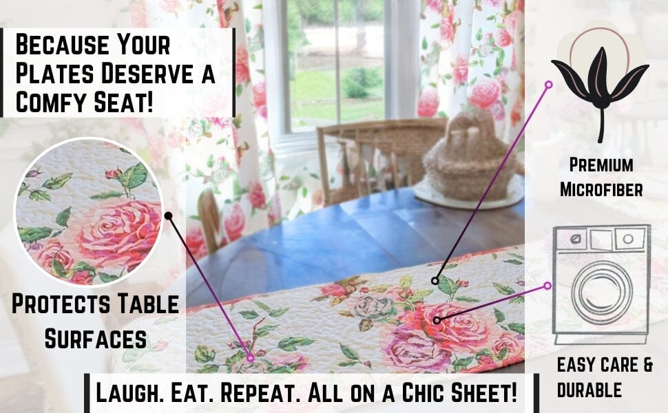 Romantic Roses Pink White Lovely Floral Quilted Dining Table Runner