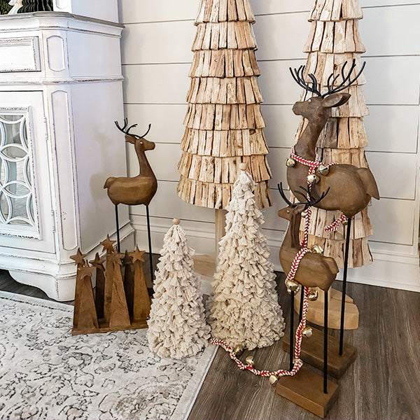 Carved Wood and Iron Reindeer on Bases, Set of Three