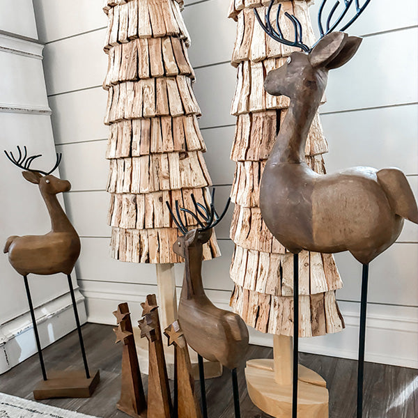 Carved Wood and Iron Reindeer on Bases, Set of Three