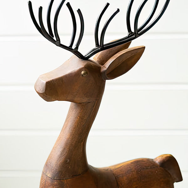 Carved Wood and Iron Reindeer on Bases, Set of Three