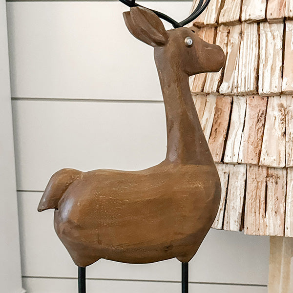 Carved Wood and Iron Reindeer on Bases, Set of Three