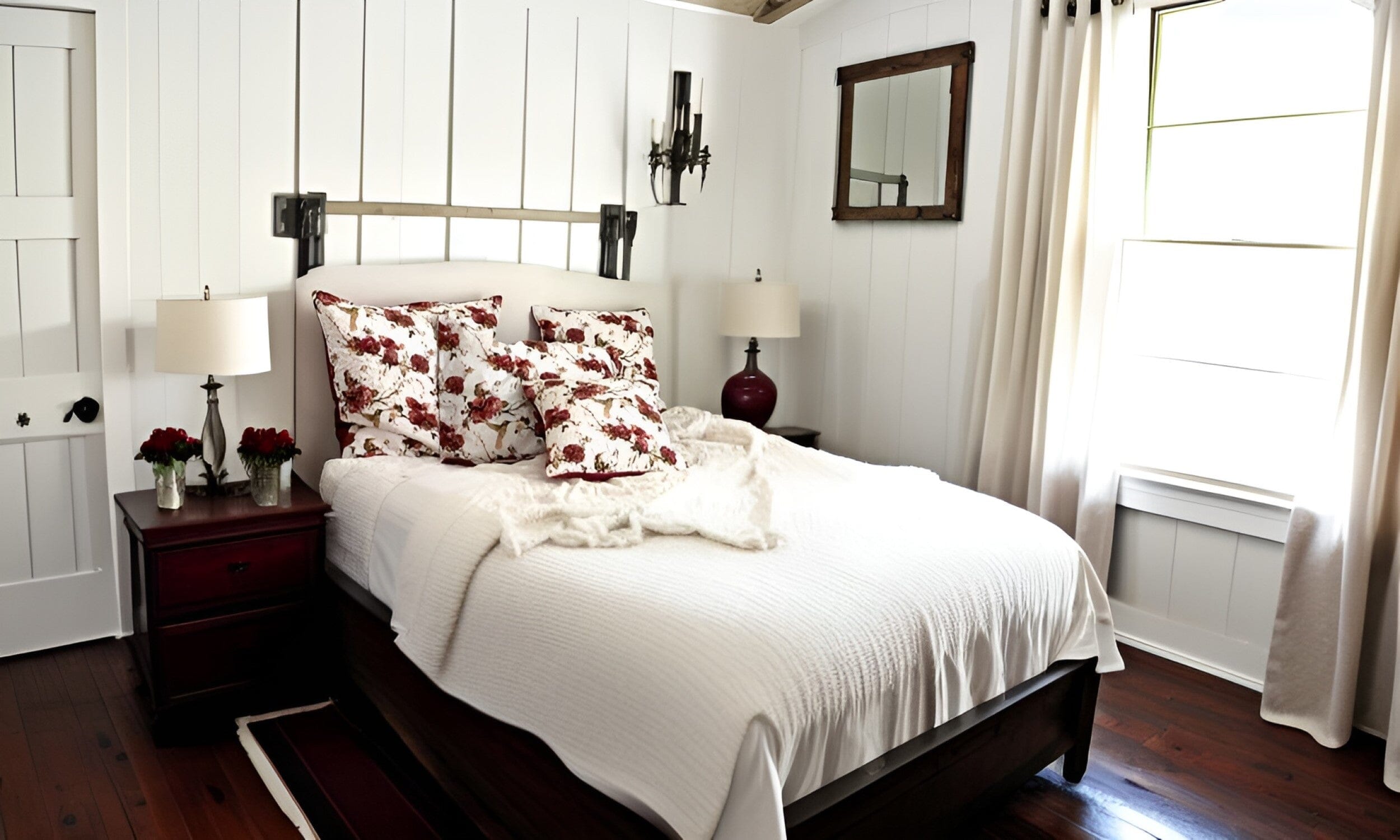 Floral Hummingbirds Burgundy White Vintage Rose Garden Cushion Covers / Euro Sham