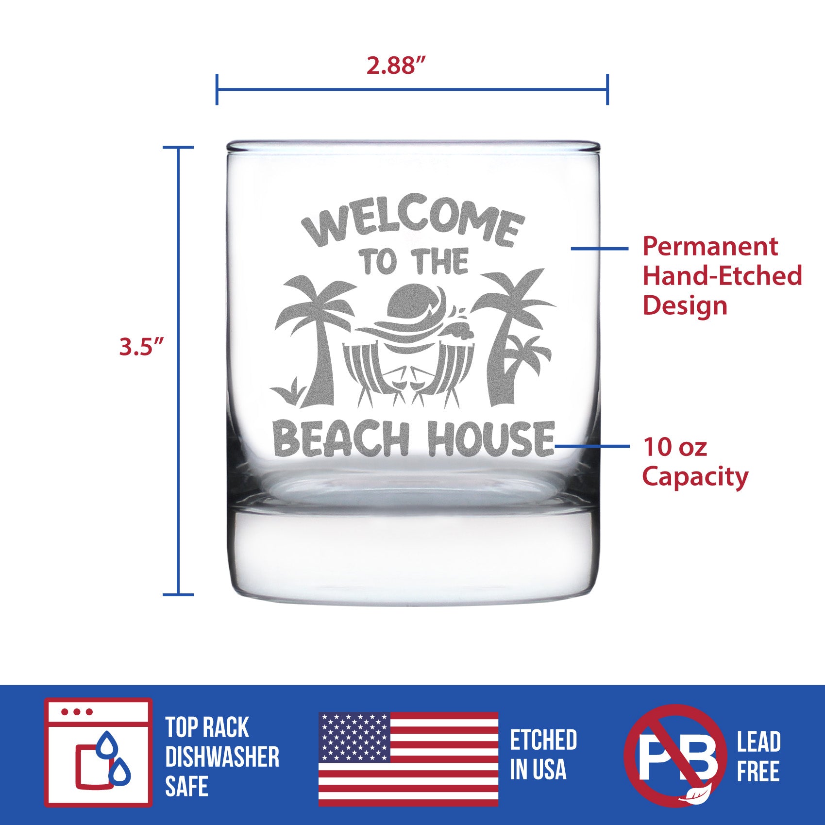 Welcome To The Beach House - Whiskey Rocks Glass - Coastal Decor for Home - 10.25 oz Glasses