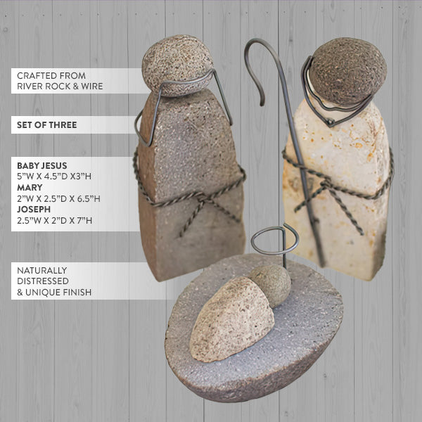 Handcrafted River Rock Holy Family, Set of 3