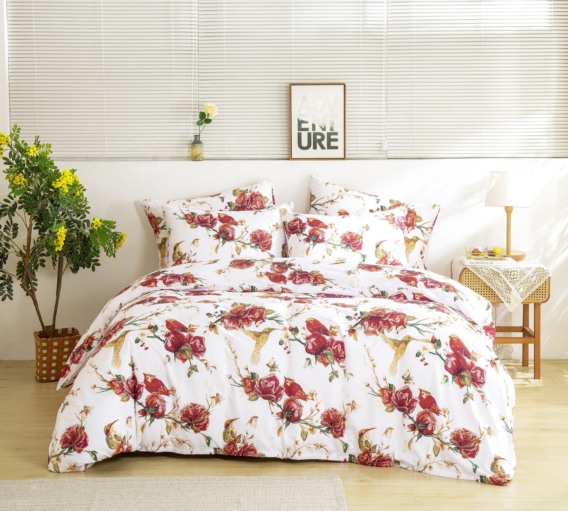 Floral Hummingbirds Burgundy White Vintage Rose Garden Reversible Duvet Cover