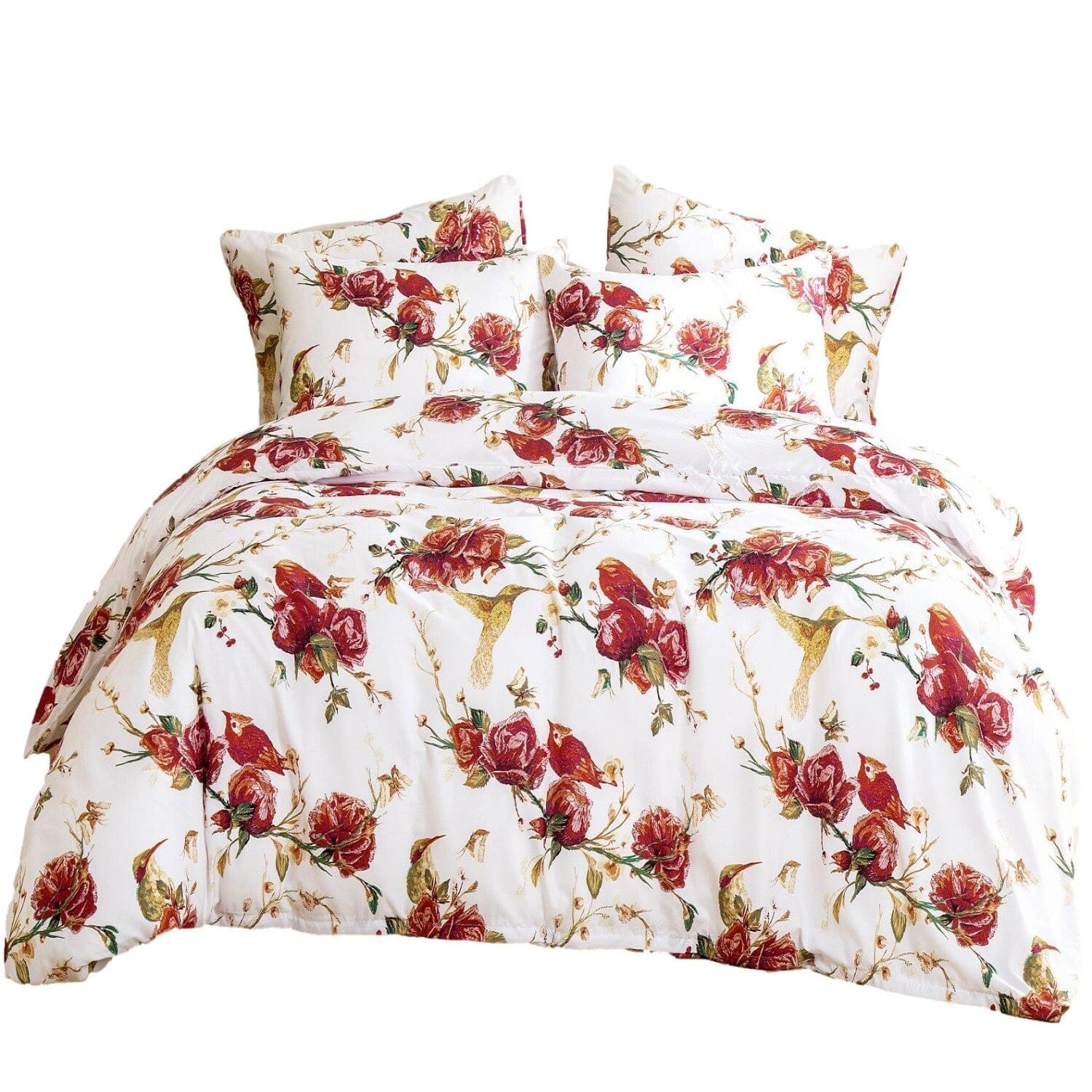 Floral Hummingbirds Burgundy White Vintage Rose Garden Reversible Duvet Cover