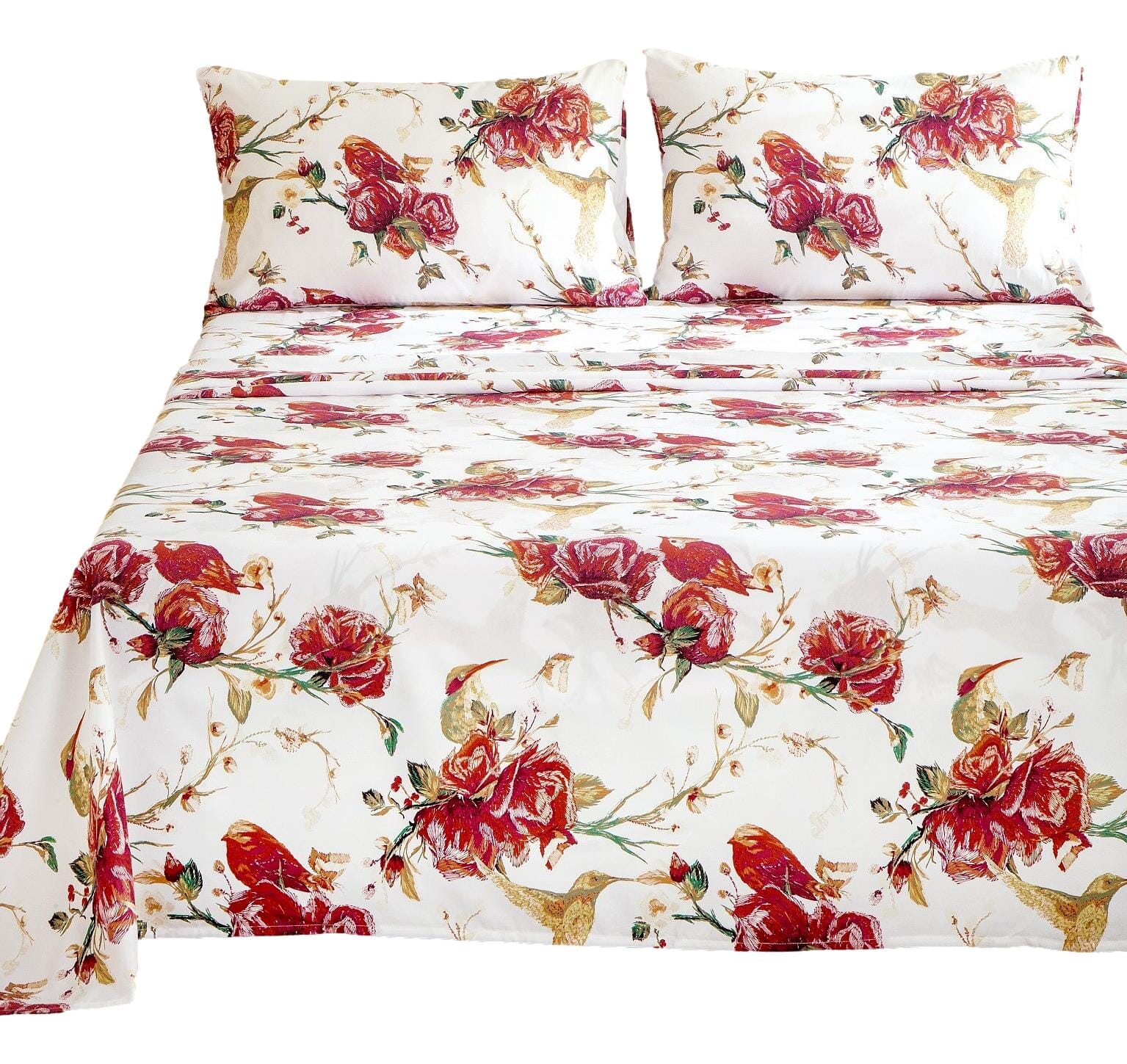 Floral Hummingbirds Burgundy White Vintage Rose Garden Bed Sheet Set