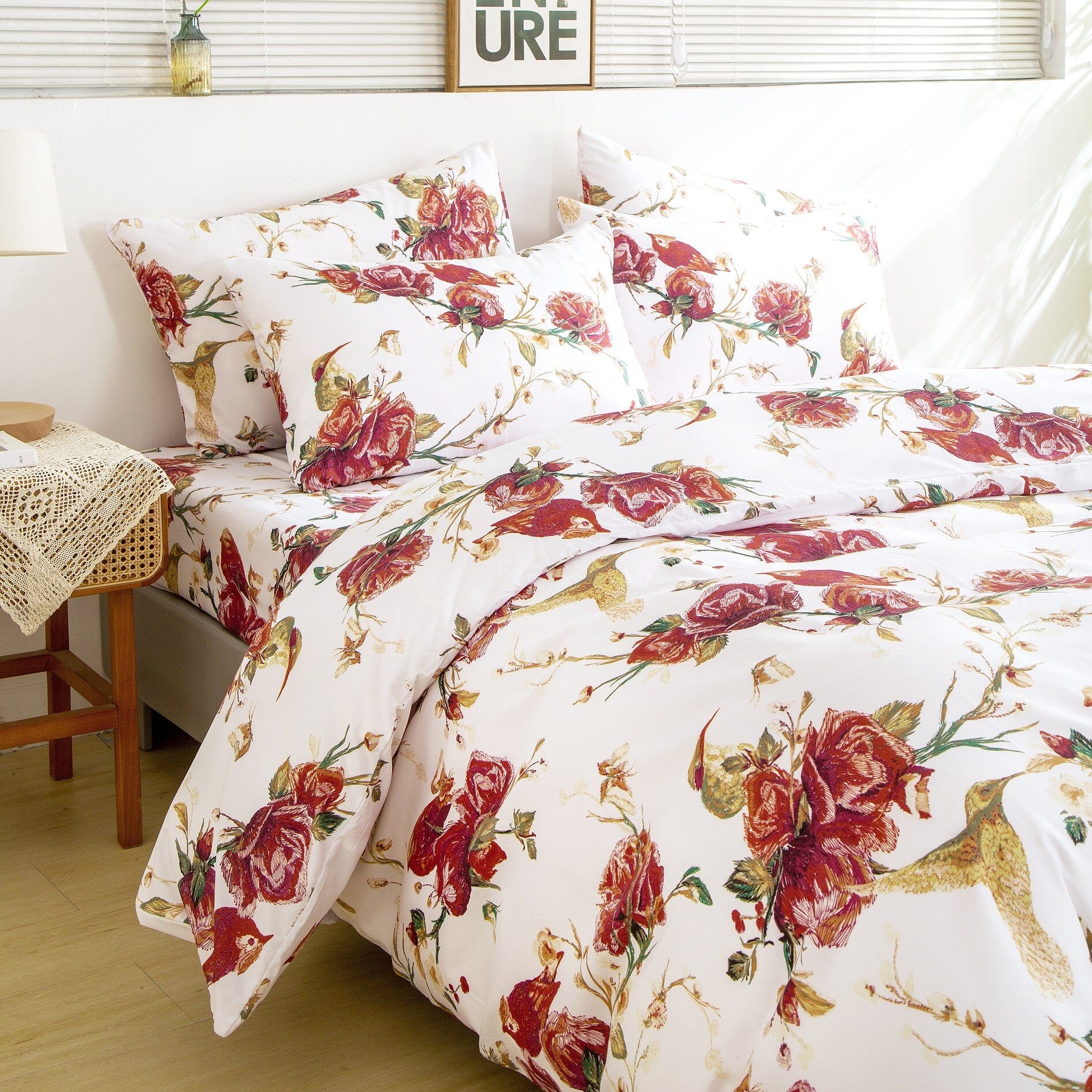Floral Hummingbirds Burgundy White Vintage Rose Garden Reversible Duvet Cover