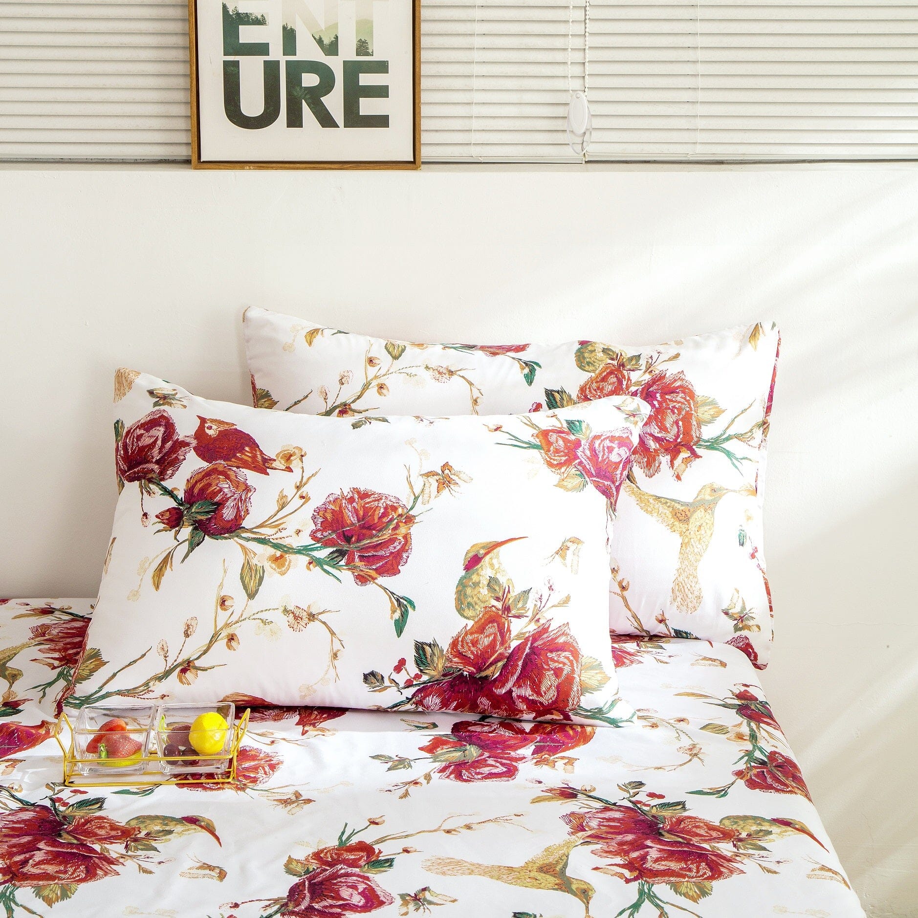 Floral Hummingbirds Burgundy White Vintage Rose Garden Bed Sheet Set