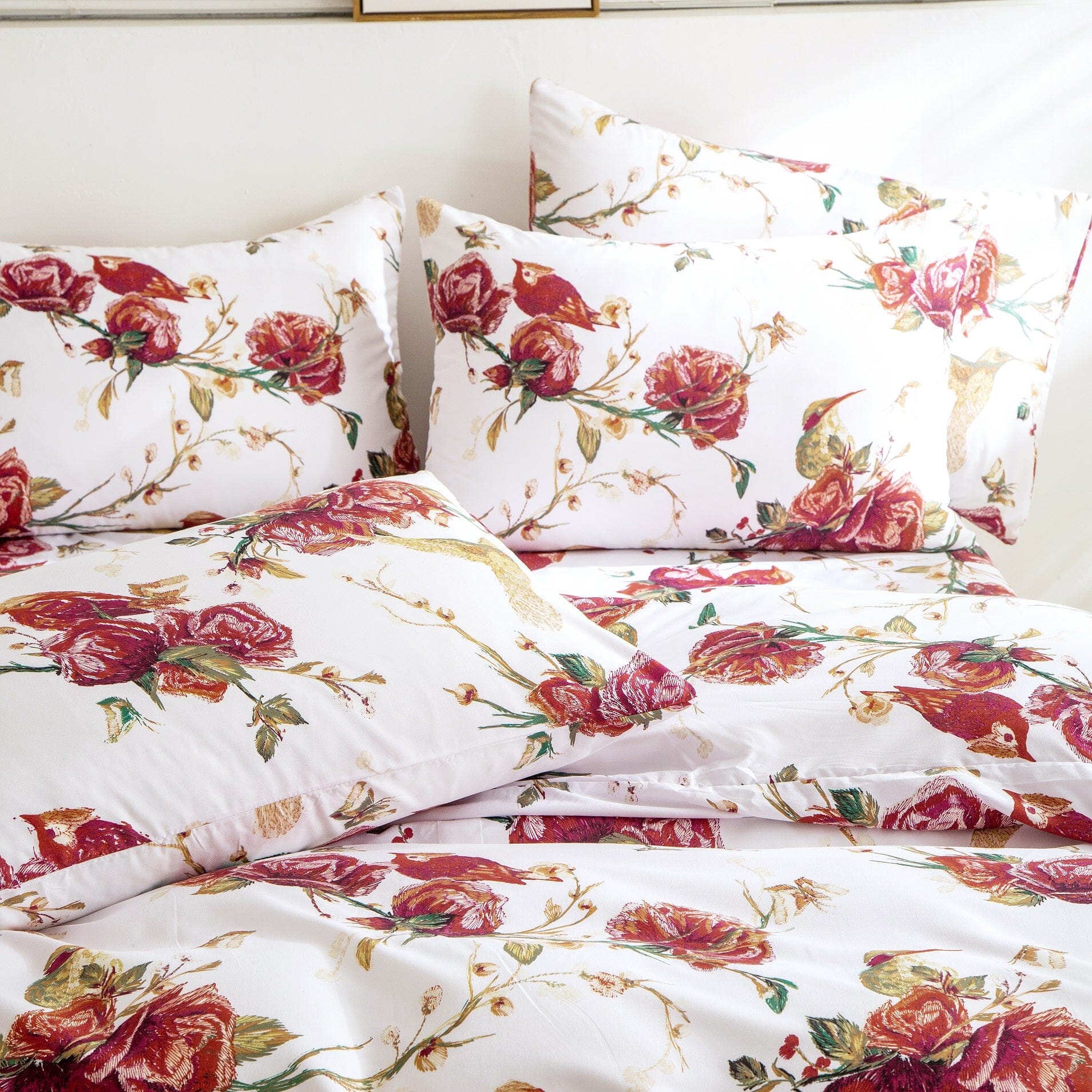 Floral Hummingbirds Burgundy White Vintage Rose Garden Reversible Duvet Cover