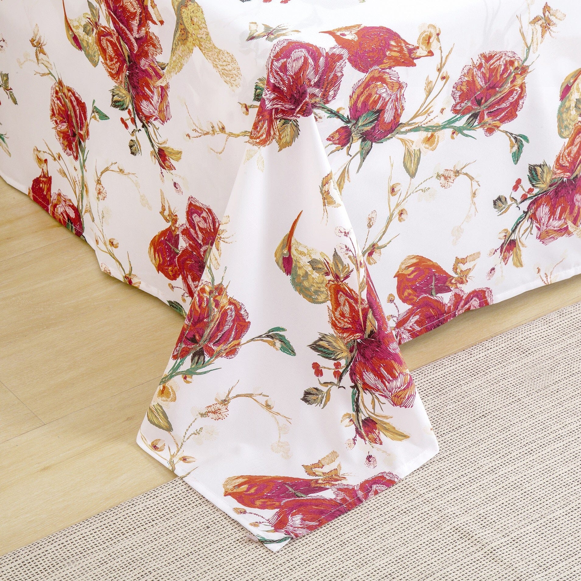 Floral Hummingbirds Burgundy White Vintage Rose Garden Bed Sheet Set
