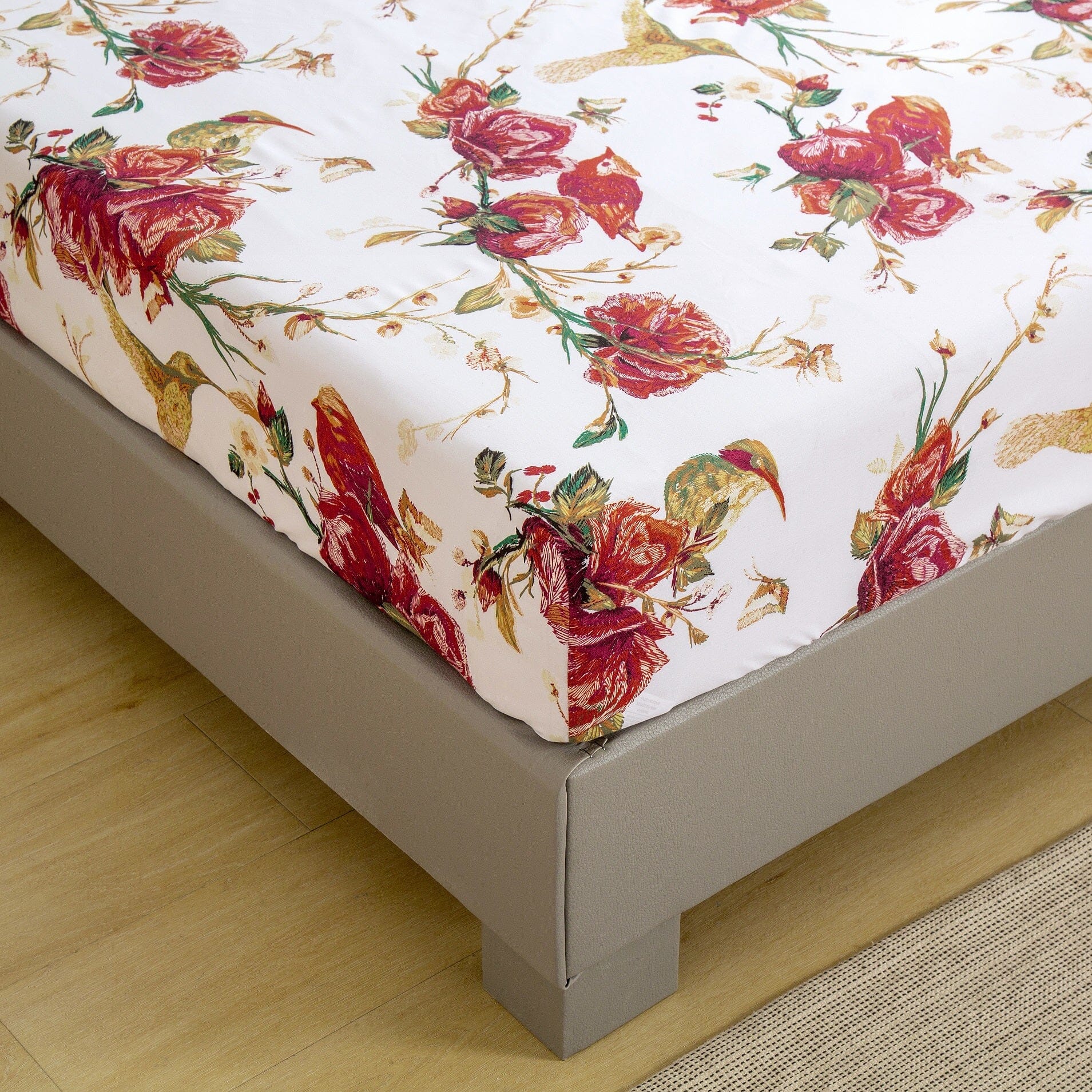 Floral Hummingbirds Burgundy White Vintage Rose Garden Bed Sheet Set