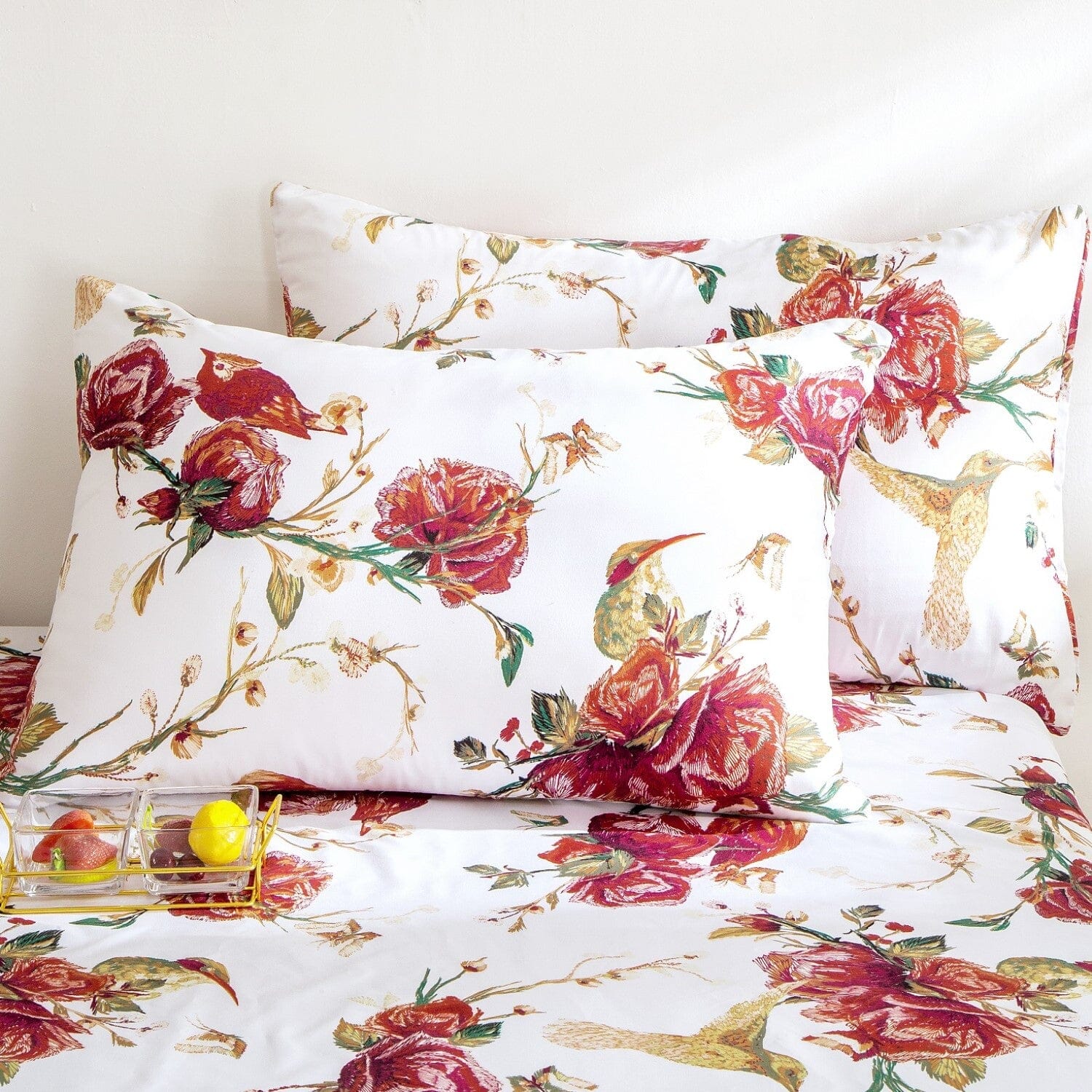 Floral Hummingbirds Burgundy White Vintage Rose Garden Reversible Duvet Cover