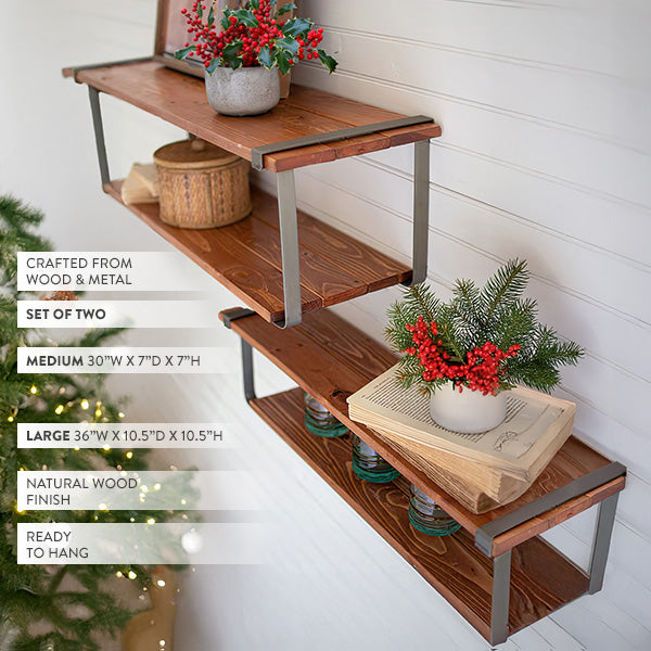 Floating Recycled Wood and Metal Shelves, Set of Two