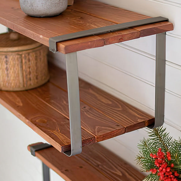 Floating Recycled Wood and Metal Shelves, Set of Two