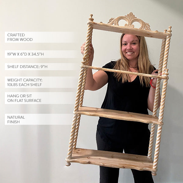 34 Inch Turned Wood Wall Shelf with Three Shelves