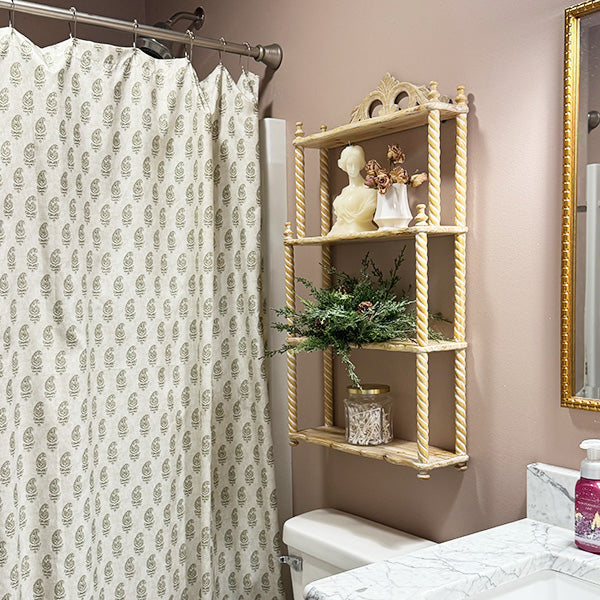 34 Inch Turned Wood Wall Shelf with Three Shelves