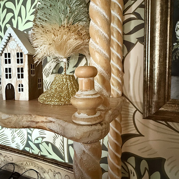 34 Inch Turned Wood Wall Shelf with Three Shelves