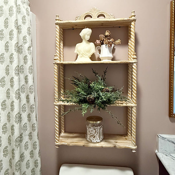 34 Inch Turned Wood Wall Shelf with Three Shelves