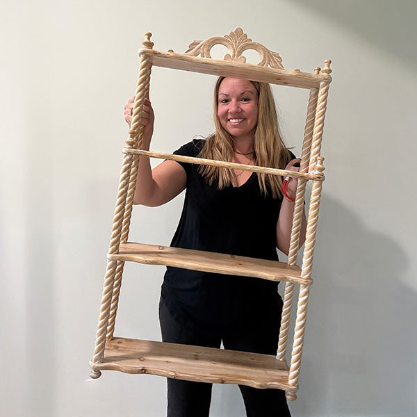 34 Inch Turned Wood Wall Shelf with Three Shelves