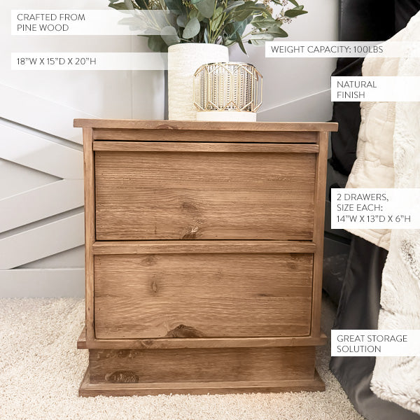 2 Drawer Traditional Pine Wood Nightstand