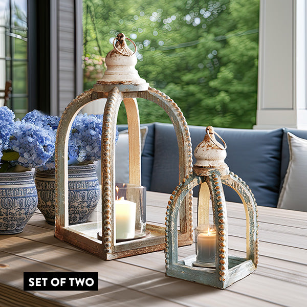 French Inspired Hurricane Glass Lanterns, Set of Two