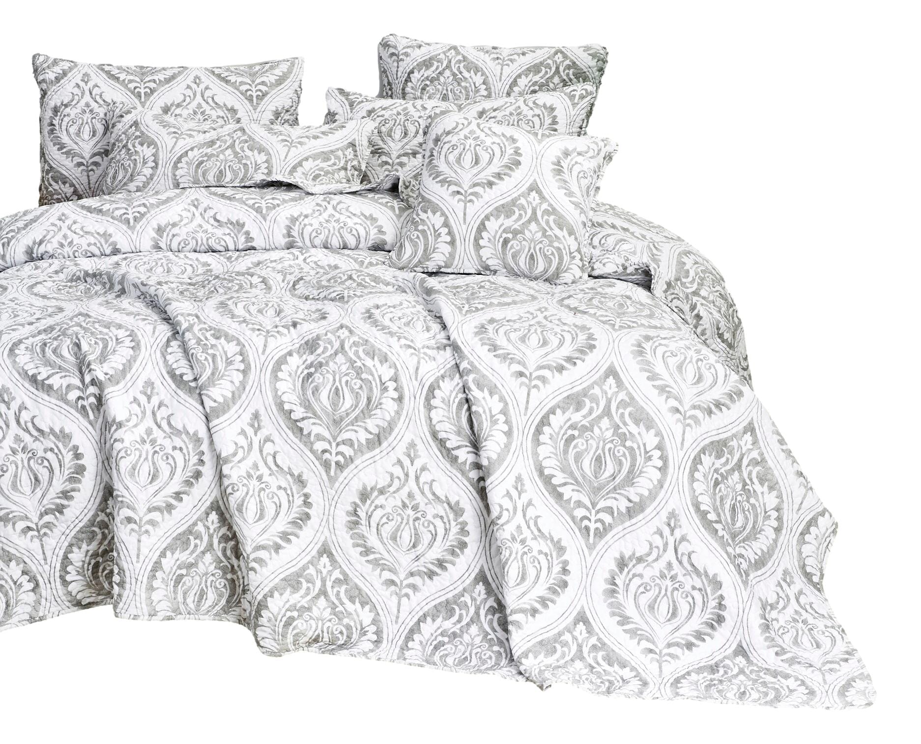 Dreamy Moon Sky Ogee Damask Heather Gray White Quilt Set