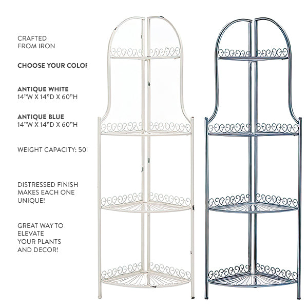 4 Tier Distressed Iron Corner Shelf, Choose Your Color