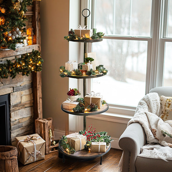 58 Inch Recycled Wood and Metal Four Tiered Display Stand