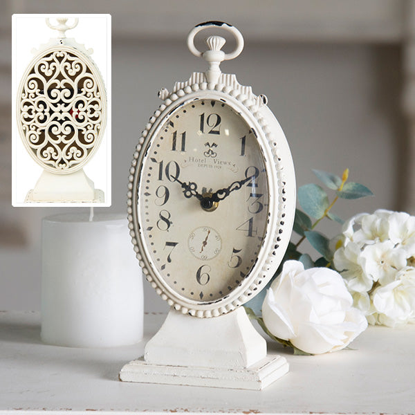 Distressed White Table Clock with Ornate Back
