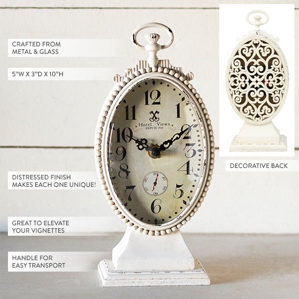 Distressed White Table Clock with Ornate Back