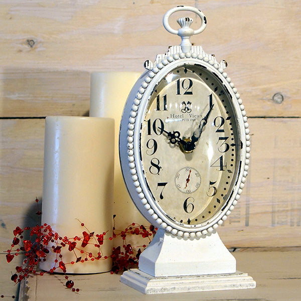 Distressed White Table Clock with Ornate Back