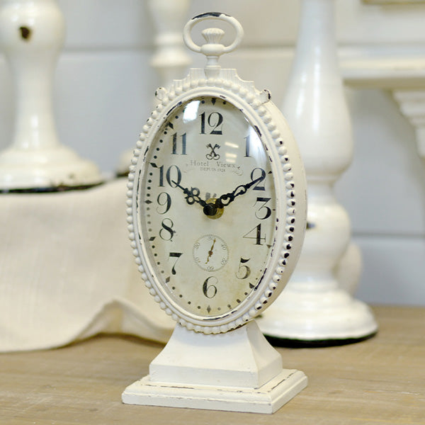 Distressed White Table Clock with Ornate Back