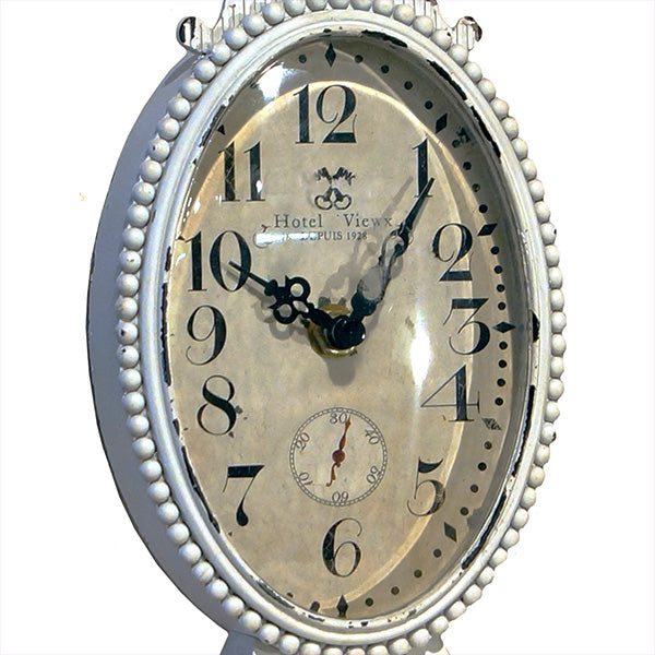 Distressed White Table Clock with Ornate Back