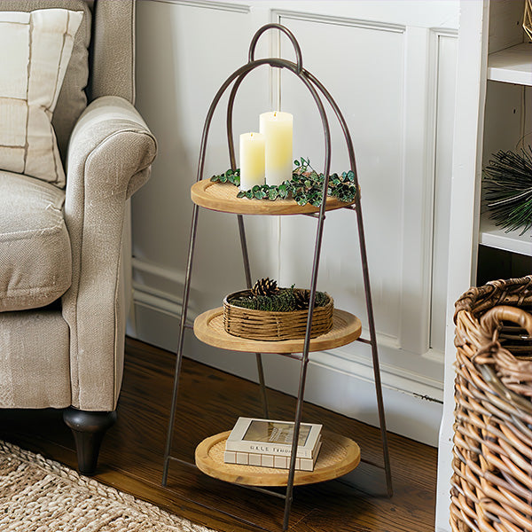 34 Inch Three Tiered Round Wooden Display Shelf