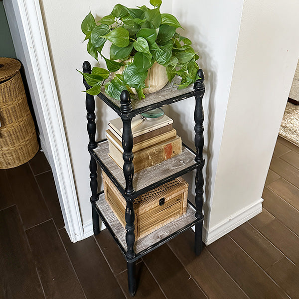 3 Tiered Distressed Black Spindle Shelf