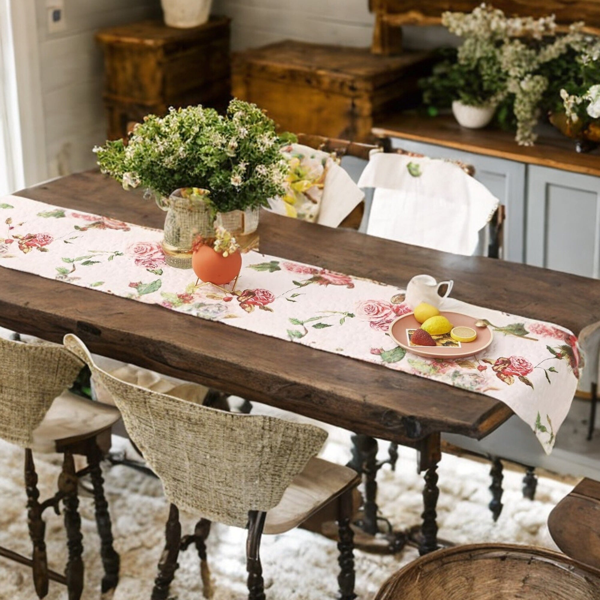Romantic Roses Pink White Lovely Floral Quilted Dining Table Runner