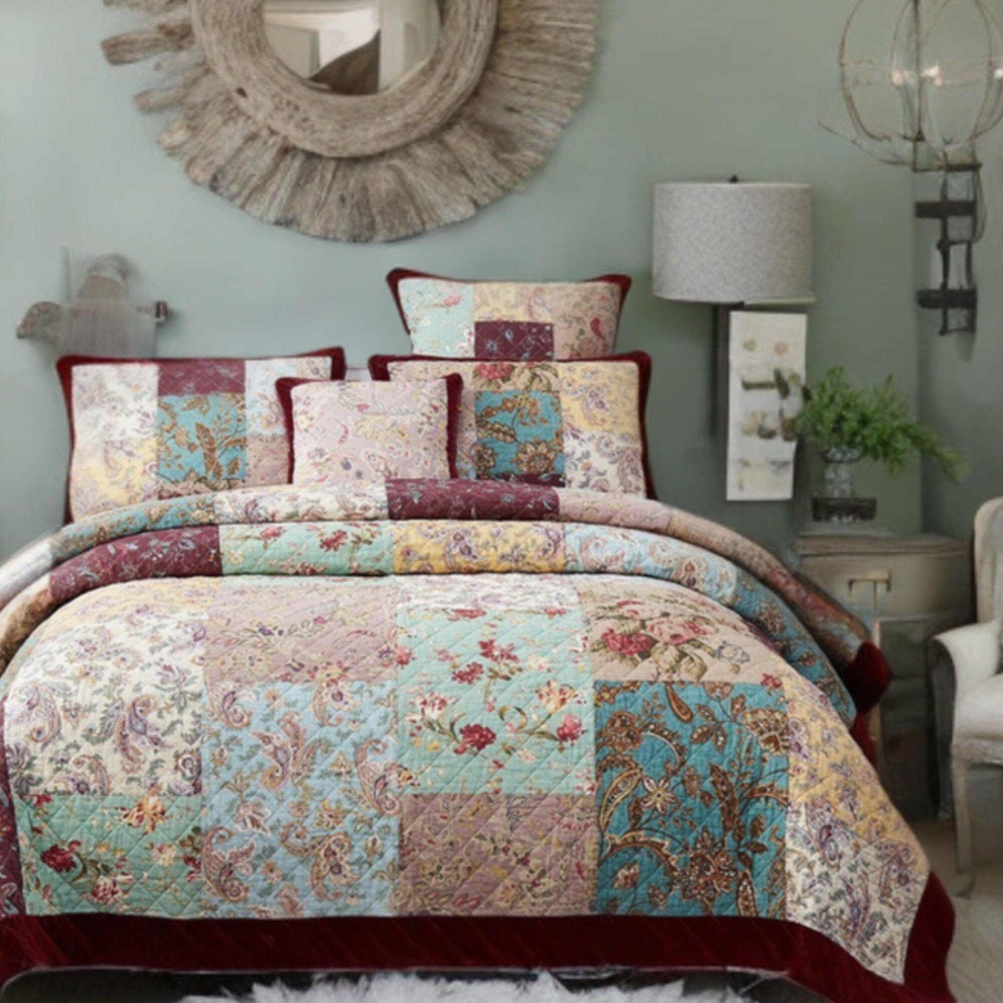 Bedding Bohemian Burgundy Red Velvet Trim Floral Paisley Patchwork Cotton Bedspread Set