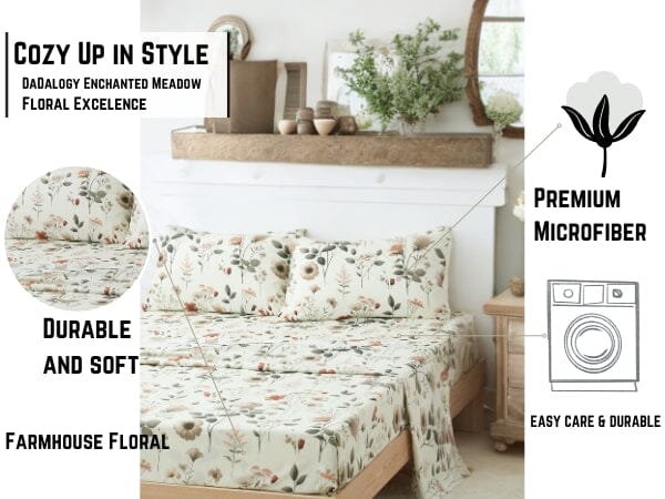 Enchanted Meadow Bed Sheet Set - Floral Harmony in Beige, Rose, and Soft Green, Premium Soft Microfiber, Machine Washable, Deep Pocket 14 - 15 Inches + Flat Sheet-Tolkye