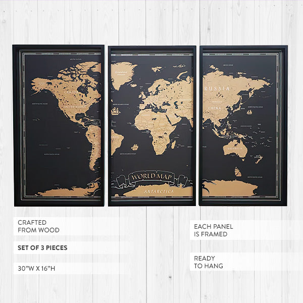 Wood Framed World Map Wall Art, Set of 3