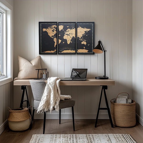 Wood Framed World Map Wall Art, Set of 3