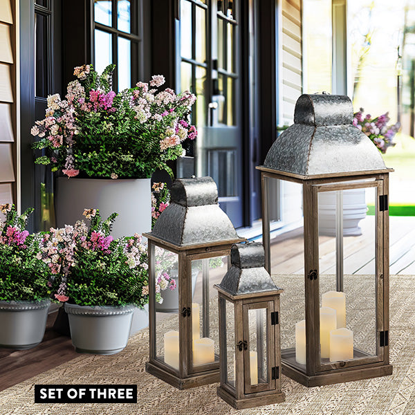 Galvanized Metal and Natural Fir Wood Lanterns, Set of 3