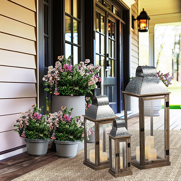 Galvanized Metal and Natural Fir Wood Lanterns, Set of 3