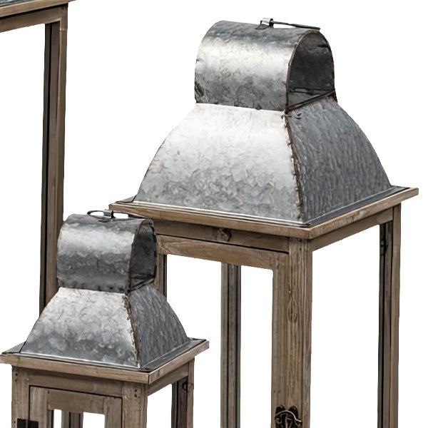 Galvanized Metal and Natural Fir Wood Lanterns, Set of 3