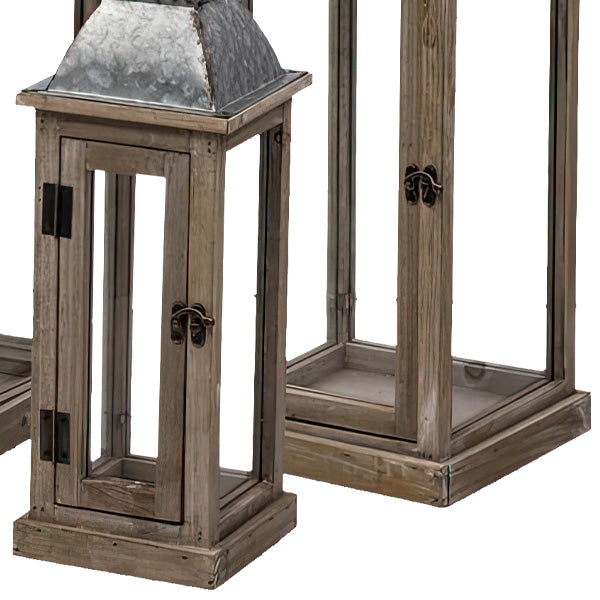 Galvanized Metal and Natural Fir Wood Lanterns, Set of 3