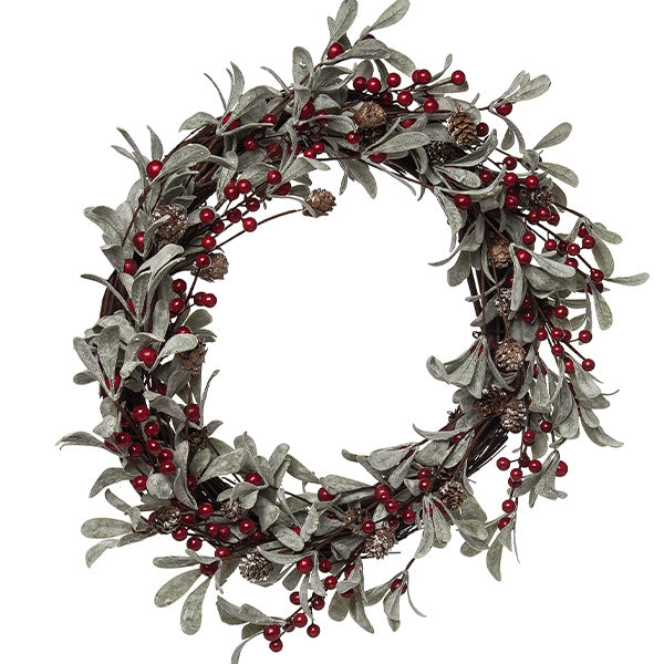 22 Inch Red Berry & Lambs Ear Wreath